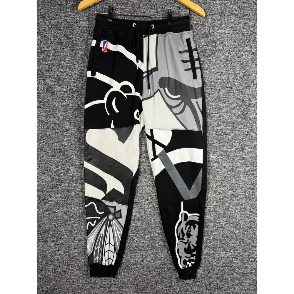 Post Game Mens Graphic Joggers Sweatpants Black White Gray Multi-Logo Patchwork